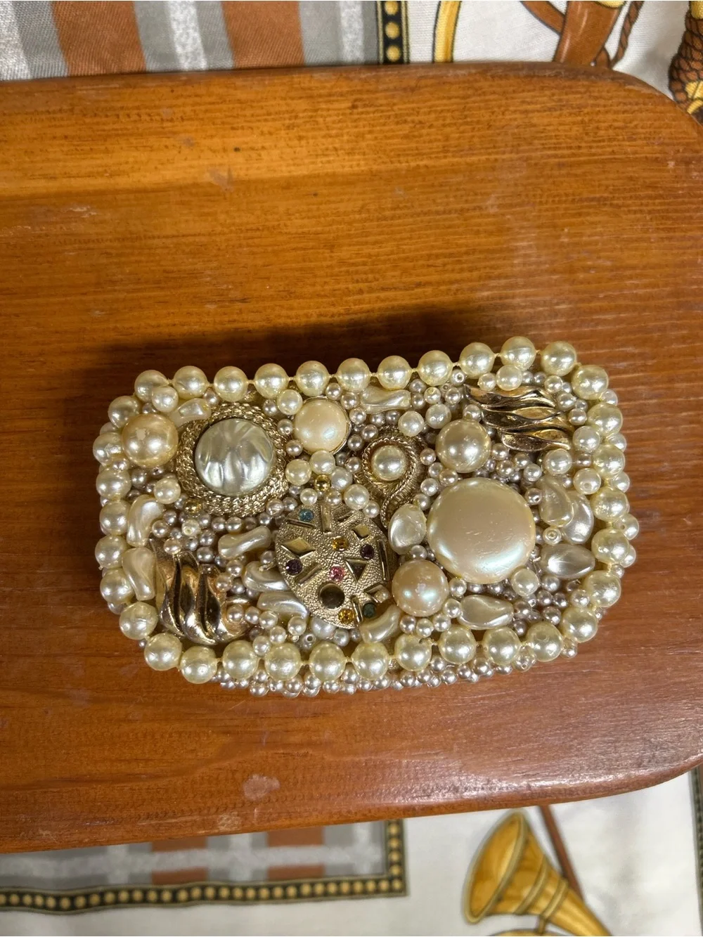 Vintage Custom Made Art Inspired Pearl Beaded Embellished - Gold & Cream Buckle